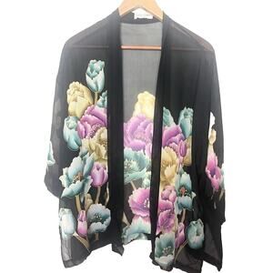 Draper’s & Damon’s 100% Silk Kimono Top Jacket Petites One Size Black Floral